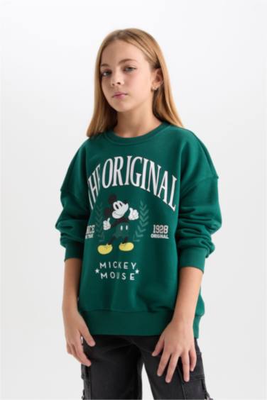 Disney Mickey & Minnie Oversize Geniş Kalıp Bisiklet Yaka İçi Yumuşak Tüylü Sweatshirt Kız Çocuk