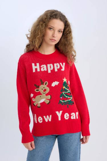 Christmas Themed Oversize Fit Half Turtleneck Pullover