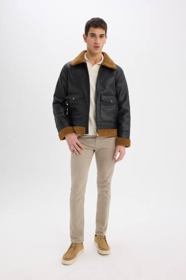 Su İtici Slim Fit Dar Kesim Polo Yaka Suni Kürk Astarlı Cepli Fermuarlı Kürk Yakalı Mont