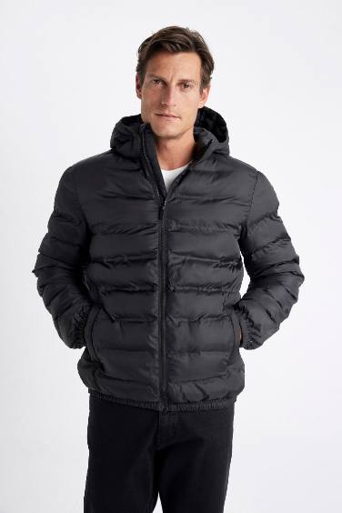 Su İtici Rüzgar Geçirmez Slim Fit Dar Kesim Astarlı Kapüşonlu Fermuarlı Cepli Kışlık Şişme Mont