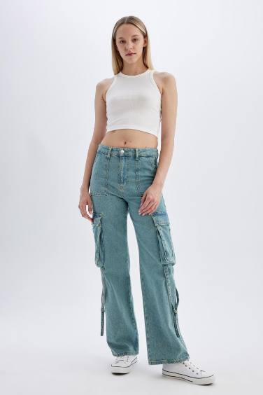 Wide Leg Cargo High Waist Long Washed Jeans