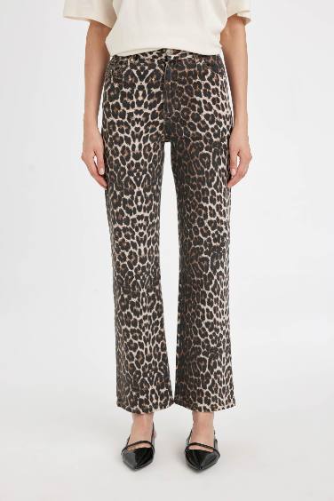 Straight Fit High Waist Long Gabardine Leopard Trousers