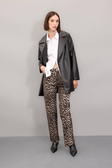 Straight Fit Leopar Gabardin Palazzo Pantolon Yüksek Bel Cepli Uzun