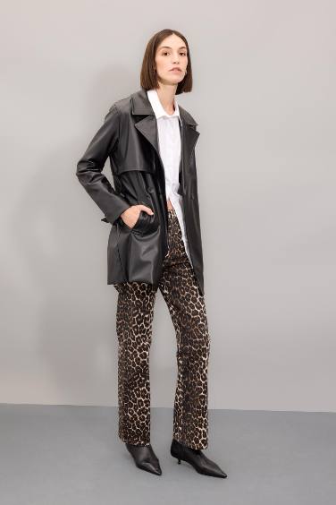 Straight Fit Leopar Gabardin Palazzo Pantolon Yüksek Bel Cepli Uzun