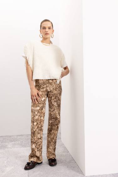 Straight Fit Snakeskin Patterned High Waist Long Pants