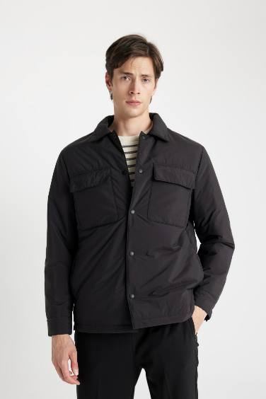 Su İtici Slim Fit Dar Kesim Gömlek Yaka Çıtçıtlı Cepli Şişme Mont
