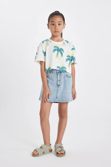 Girl Crew Neck Patterned Crop T-Shirt