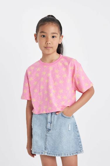 Girl Crew Neck Patterned Crop T-Shirt