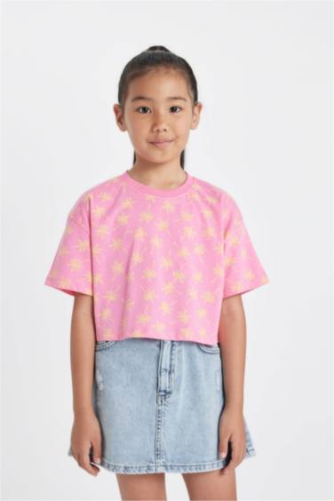 Girl Crew Neck Patterned Crop T-Shirt