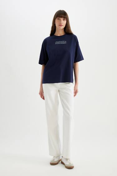 T-Shirt Oversize à Manches Courtes à Col Rond avec imprimé