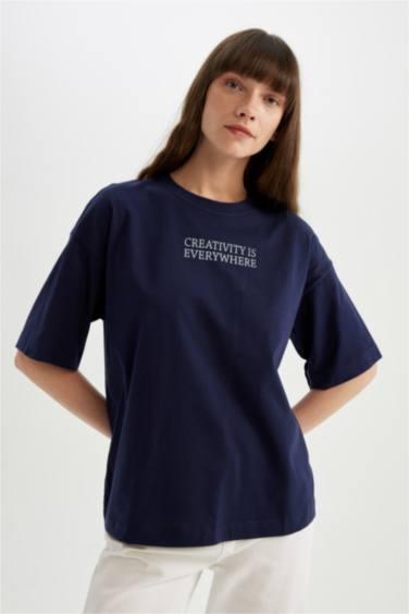 T-Shirt Oversize à Manches Courtes à Col Rond avec imprimé