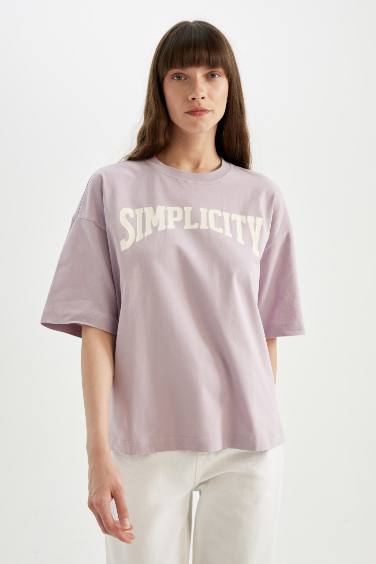 Oversize Fit Crew Neck Slogan Printed Cotton T-Shirt