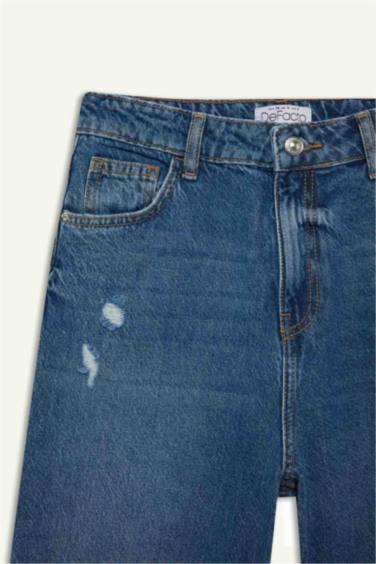 90's Wide Leg Yırtık Detaylı Yüksek Bel Uzun Jean Yıkamalı Pantolon