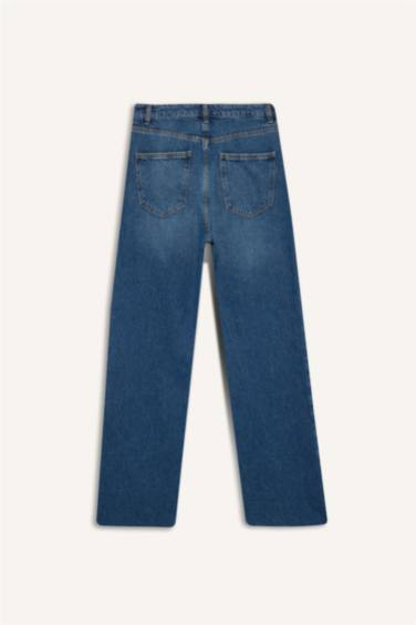 90's Wide Leg Yırtık Detaylı Yüksek Bel Uzun Jean Yıkamalı Pantolon