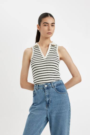 Slim Fit Striped Polo Neck Ribbed Camisole Crop Top