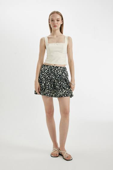 تنورة قصيرة مطبوع منسوج بخصر عالي