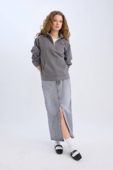 Long  Fit Yırtmaçlı Cepli Uzun Boy Jean Etek