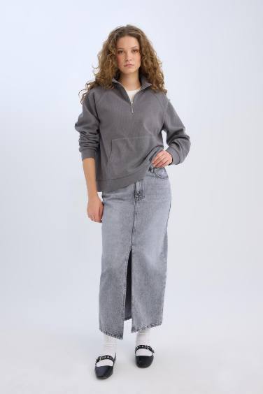 Long  Fit Yırtmaçlı Cepli Uzun Boy Jean Etek