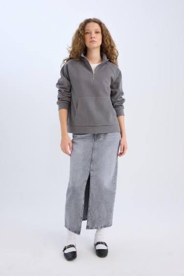 Long  Fit Yırtmaçlı Cepli Uzun Boy Jean Etek