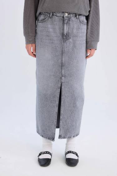 Long  Fit Yırtmaçlı Cepli Uzun Boy Jean Etek