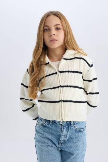 Girl Striped Zippered Knitted Cardigan