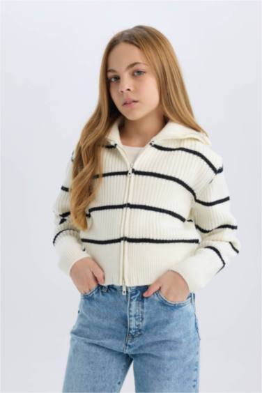 Girl Striped Zippered Knitted Cardigan