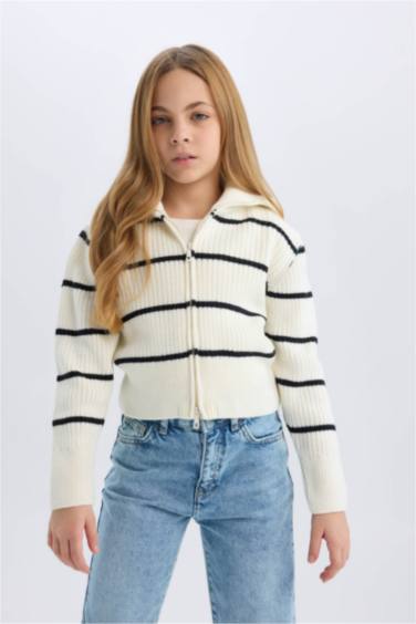 Girl Striped Zippered Knitted Cardigan