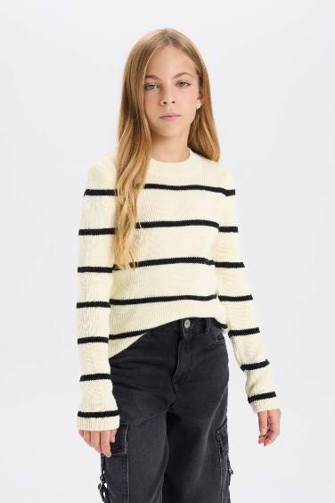 Girl Striped Fitted Crew Neck Knitted Pullover