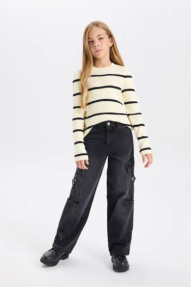 Girl Striped Fitted Crew Neck Knitted Pullover