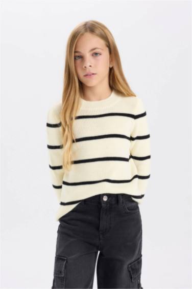 Girl Striped Fitted Crew Neck Knitted Pullover