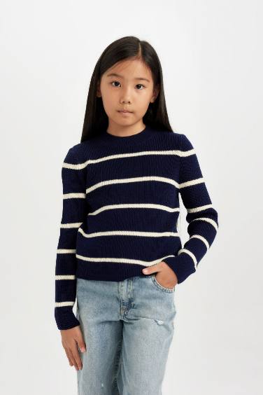 Girl Striped Fitted Crew Neck Knitted Pullover