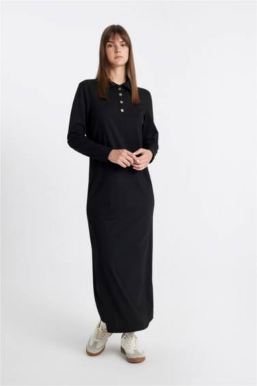 Regular Fit Polo Yaka Uzun Kollu Pike Maxi Basic Elbise