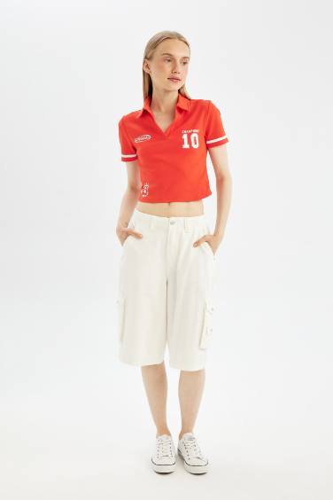 Fitted Polo Neck Printed Ribbed Short Sleeve T-Shirt