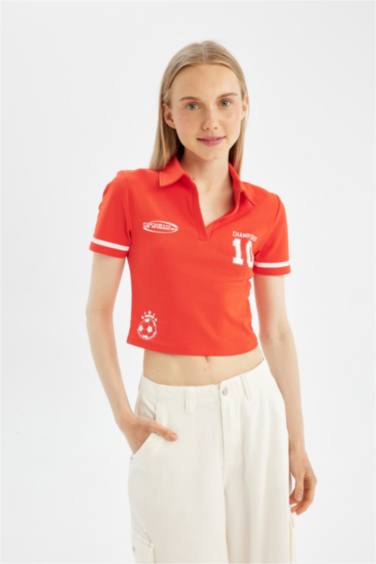 Fitted Polo Neck Printed Ribbed Short Sleeve T-Shirt