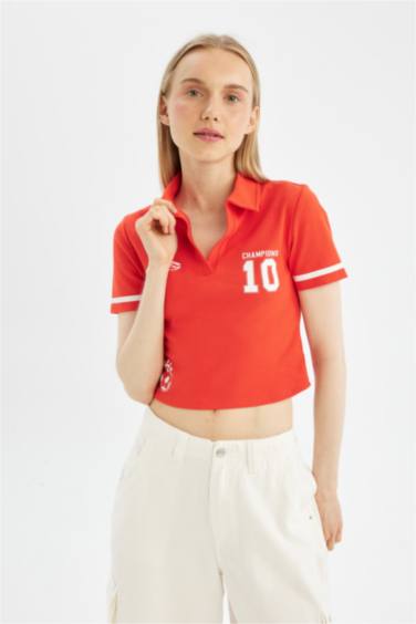 Fitted Polo Neck Printed Ribbed Short Sleeve T-Shirt