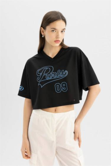 Oversize Fit V Neck Printed Short Sleeve T-Shirt