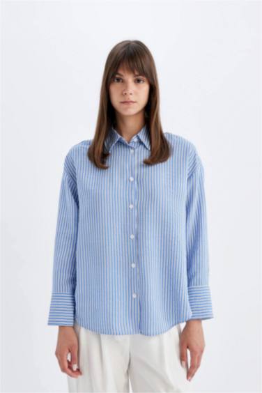 Chemise Tunique Coupe Relax Rayée à Manches Longues