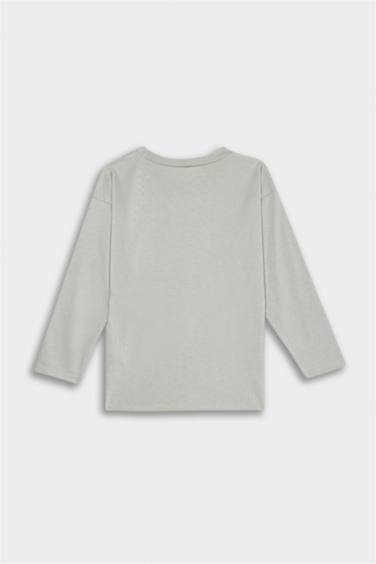 تيشيرت بيبي اولادي كم طويل رمادي قصة عادية بياقة مستديرة
