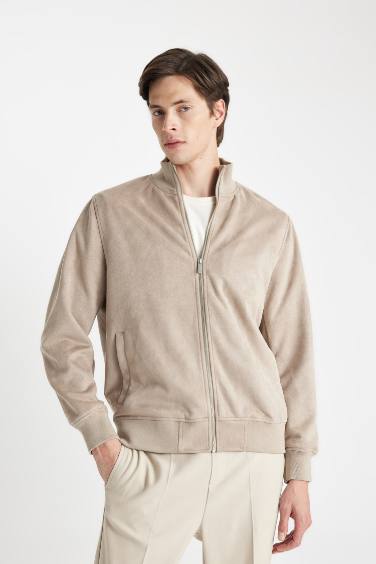 Slim Fit Dar Kesim Dik Yaka Astarlı Fermuarlı Cepli Süet Mevsimlik Baharlık Mont