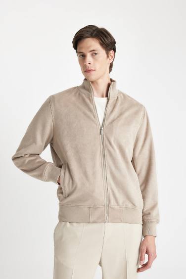 Slim Fit Dar Kesim Dik Yaka Astarlı Fermuarlı Cepli Süet Mevsimlik Baharlık Mont