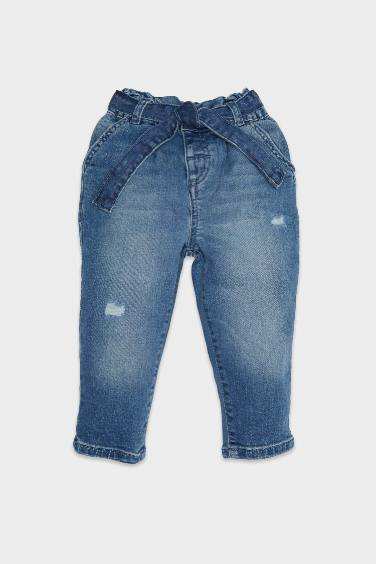 Baby Girl Paperbag Double Leg Elastic Waist Pocketed Jeans