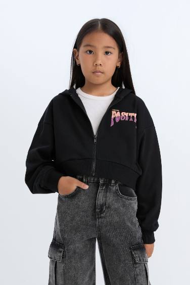 Girl Printed Hooded Soft Furry Inside Zippered Sweatshirt