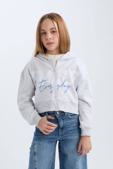 Kız Çocuk Baskılı Kapüşonlu İçi Yumuşak Tüylü Fermuarlı Sweatshirt
