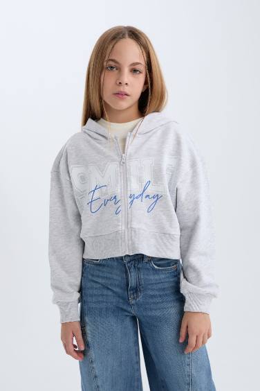 Kız Çocuk Baskılı Kapüşonlu İçi Yumuşak Tüylü Fermuarlı Sweatshirt