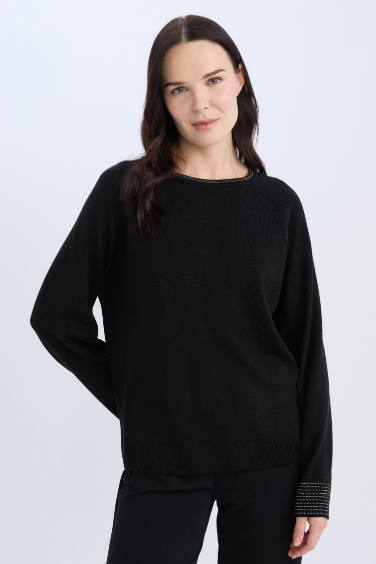 Regular Fit Crew Neck Glittery Black Knitted Pullover Tunic