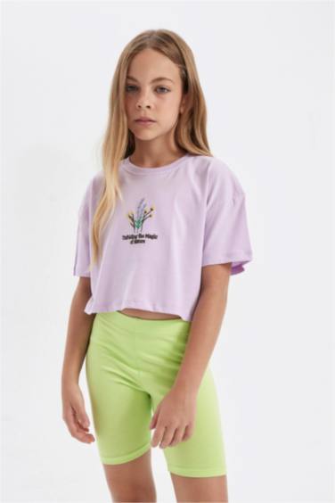 Girl Crew Neck Floral Crop T-Shirt