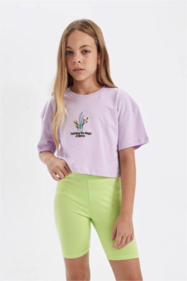 Girl Crew Neck Floral Crop T-Shirt