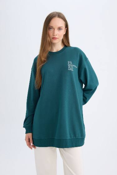 Regular Fit Bisiklet Yaka Baskılı İçi Yumuşak Tüylü Kalın Sweatshirt Tunik