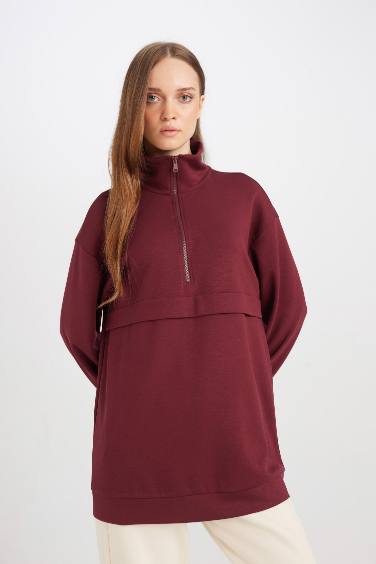 Regular Fit Yarım Fermuarlı Dik Yaka Basic Düz Sweatshirt Tunik