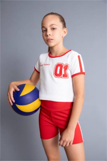 Girl Crew Neck Printed Ribbed Crop T-Shirt